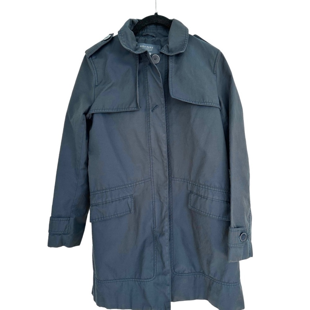 Zara Jacket Trench Coat Navy Blue Zip Front Lined Size XS - Picture 6 of 11